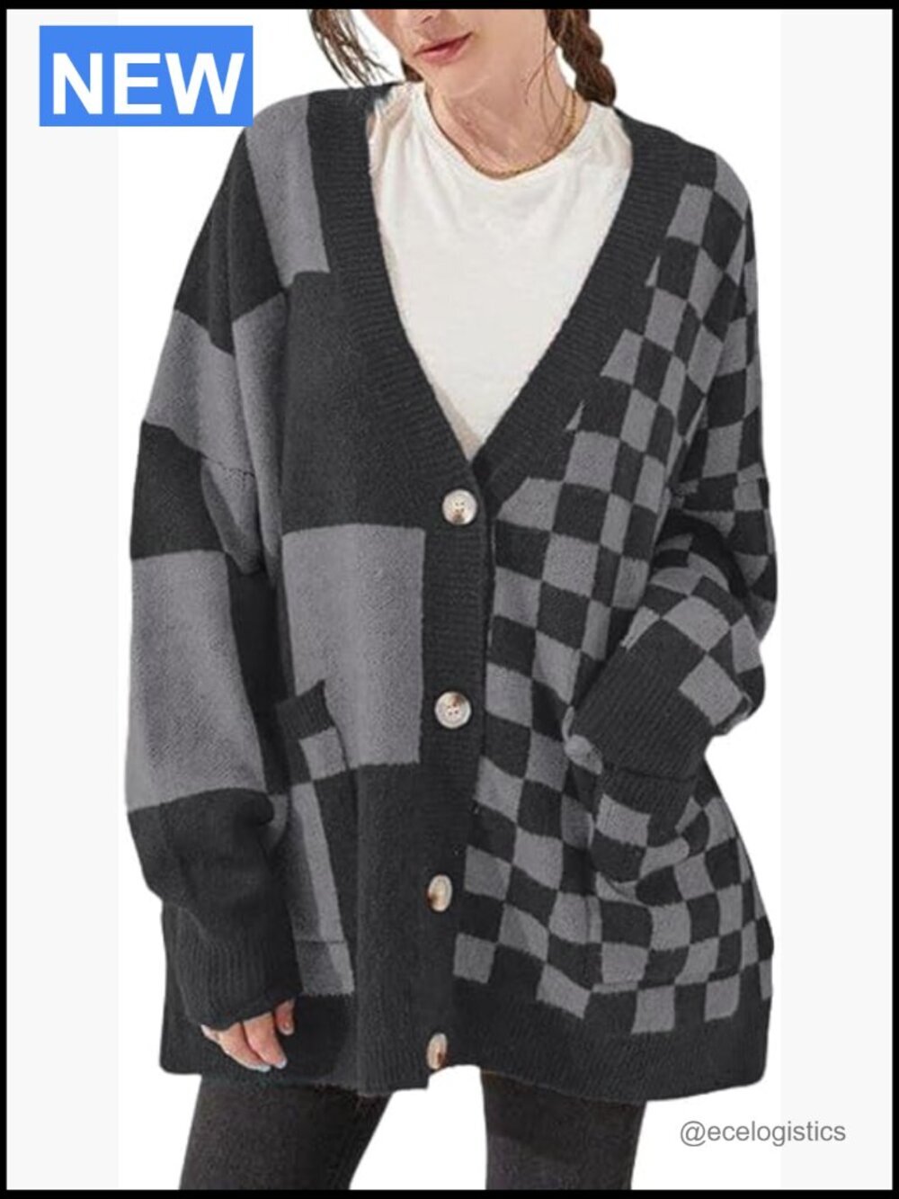 Oversized Slouchy Checkered Cardigan V-Neck Plaid Knit Outwear Coat Loose Fit